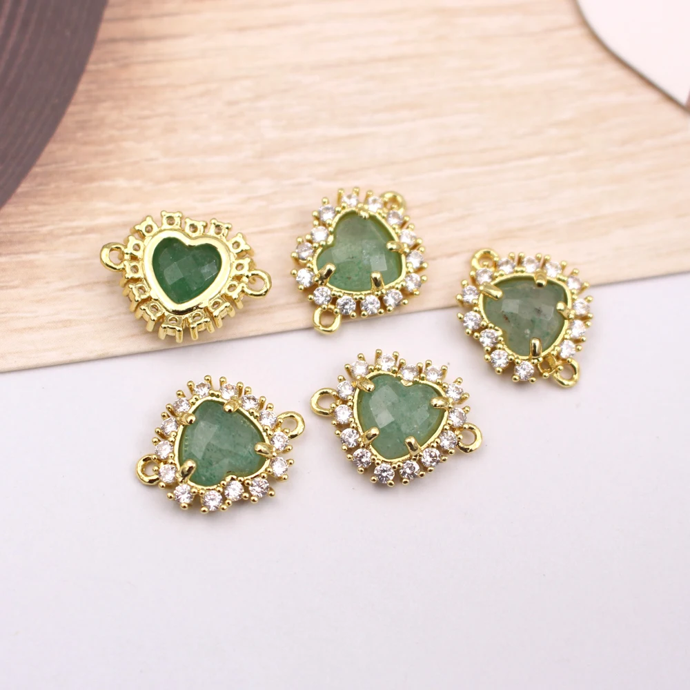 6pcs DIY Jewelry Accessories Faceted Heart Shape Natural Amazonite Quartz Stone CZ Pendant Linker Connectors for Necklace