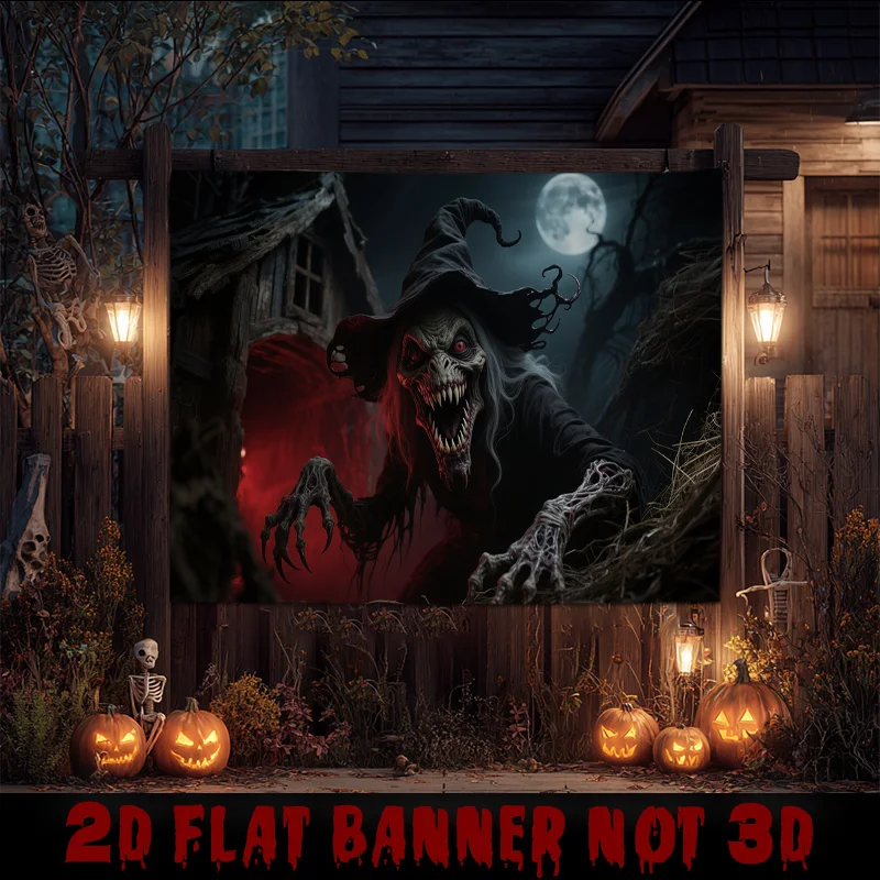 نسيج Zombie Witch & Blood Moon - ديكور الهالوين المخيف، منزل مسكون - إعداد رعب لغرفة المعيشة الداخلية