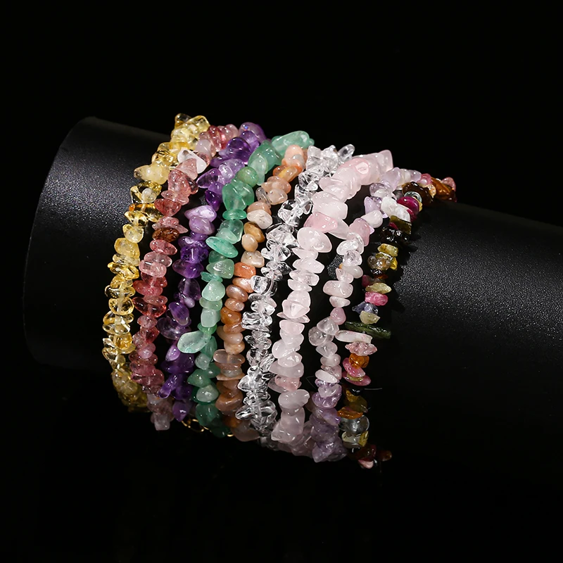 Natural Stone Tourmaline Amethyst Rock Quartz Crystal Chip Bead Bracelet Women Reiki Healing Adjustable Chain Fashion Jewelry