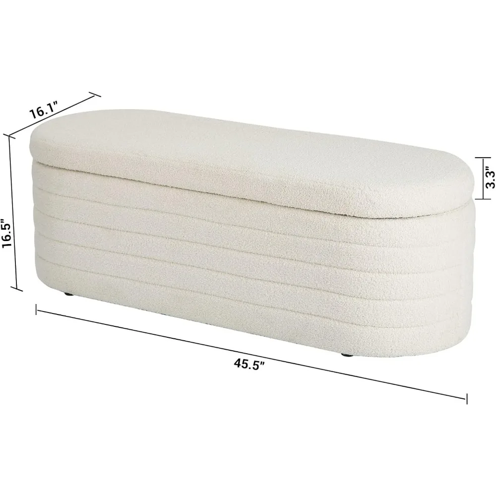 Modern Upholstered Storage Ottoman Bench, White Oval Window Seat with Safety Hinge Lid, Living Room Furniture