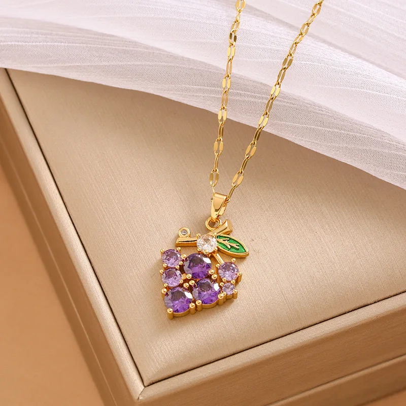 LUCKY99 New Midsummer Purple Grape Zircon Pendant Necklaces For Women French Vintage Titanium Steel Necklace Clavicle Chain