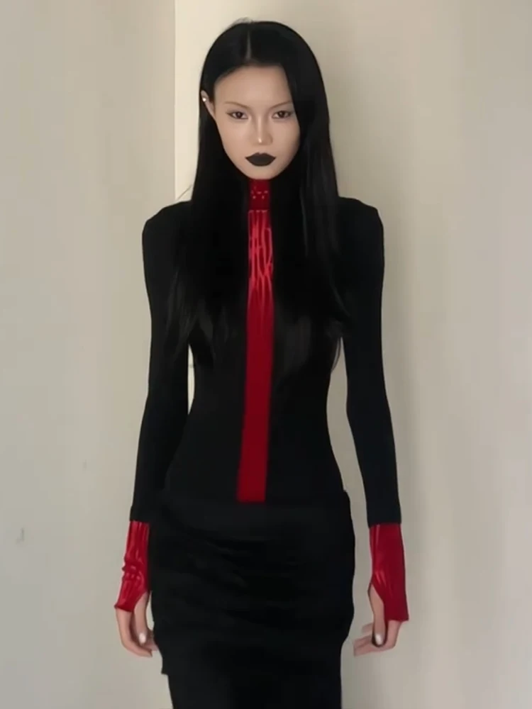 Yedinas Patchwork Turtleneck T-shirt Woman Clothes Long Sleeve Black Gothic Autumn Tops 2000s Clothes Y2k Tees Female Clothing