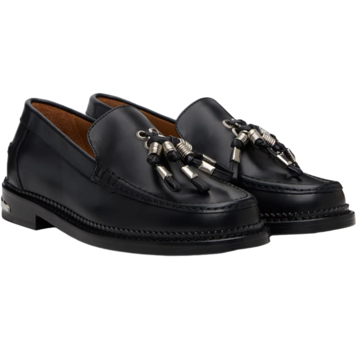 Men's Black Leather Loafers Fashionable Slip On Flats Unique Metal Tassel Detail Elegant Comfortable Casual Shoes for Daily Wear