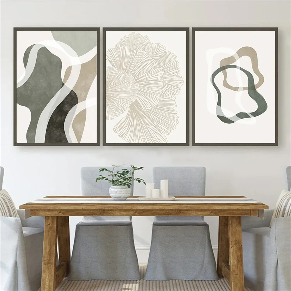 Boho Ginkgo Leaf Pastel Green Grey Brown Beige Line Abstract Wall Art Canvas Painting Print Pictures Living Room Home Decoration