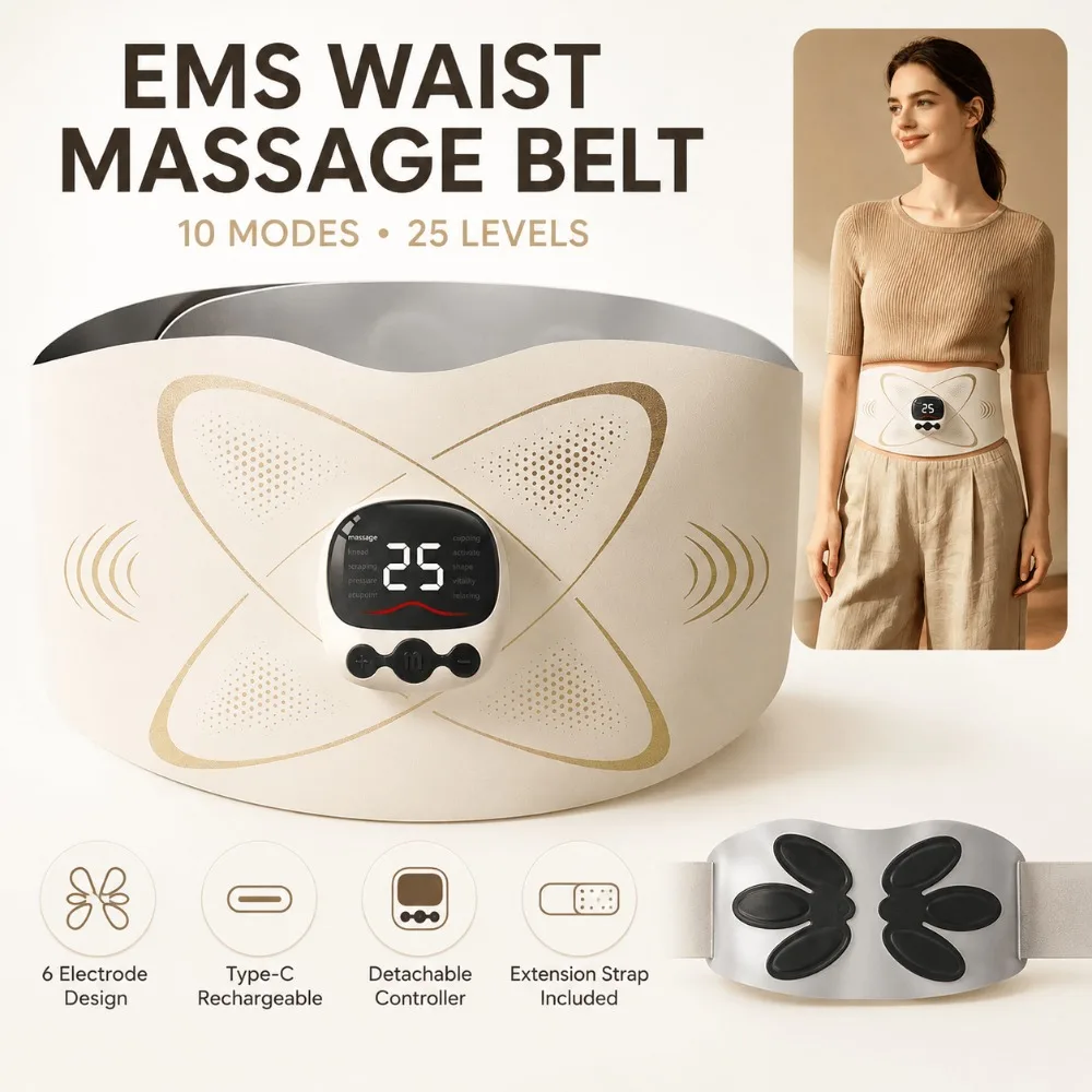 EMS Waist Massage Belt,Micro Current Pulse Massager,10 Modes,25 Levels,Hot Compress,6 Electrodes,Type-C Rechargeable Relax Use