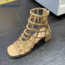 Mesh Hollow Out Rome Sandały Sexy Solid Casual Shoes 2024 Trend Summer Open Toe Square Heel Cover Heel Zip Woven Women Gladiator