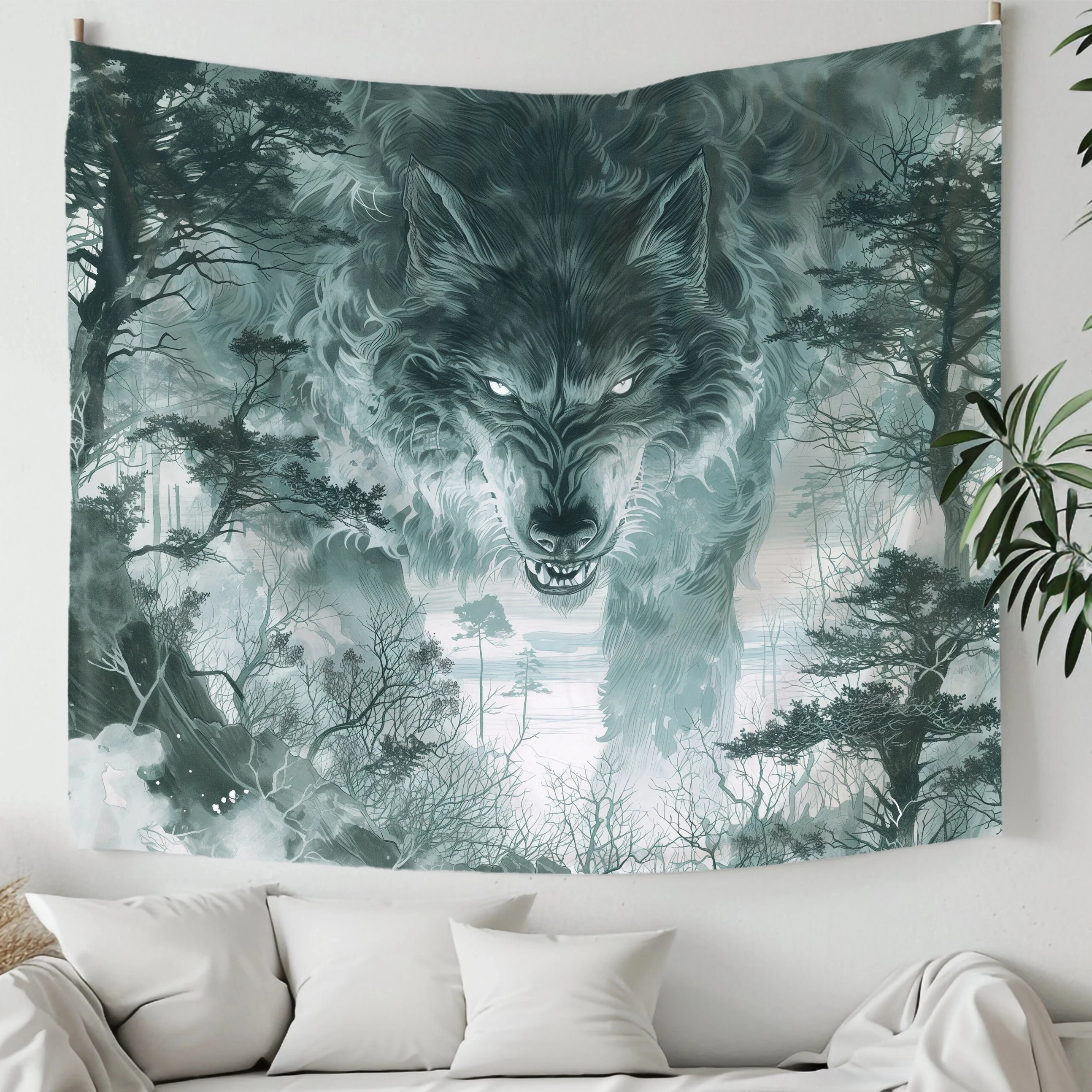 Cinematic Wolf Forest Tapestry Wall Decor Hanging Dark Grunge Wildlife Art Panel Rustic Woodland Mystery Decor Large Size 180x28