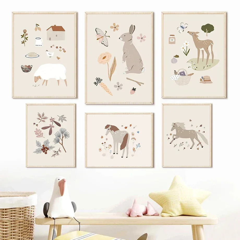 Rabbit Deer Pony Sheep Squirrel Acorn Nursery Posters Prints Canvas Painting Nordic Wall Art Pictures Kids Room Home Decor
