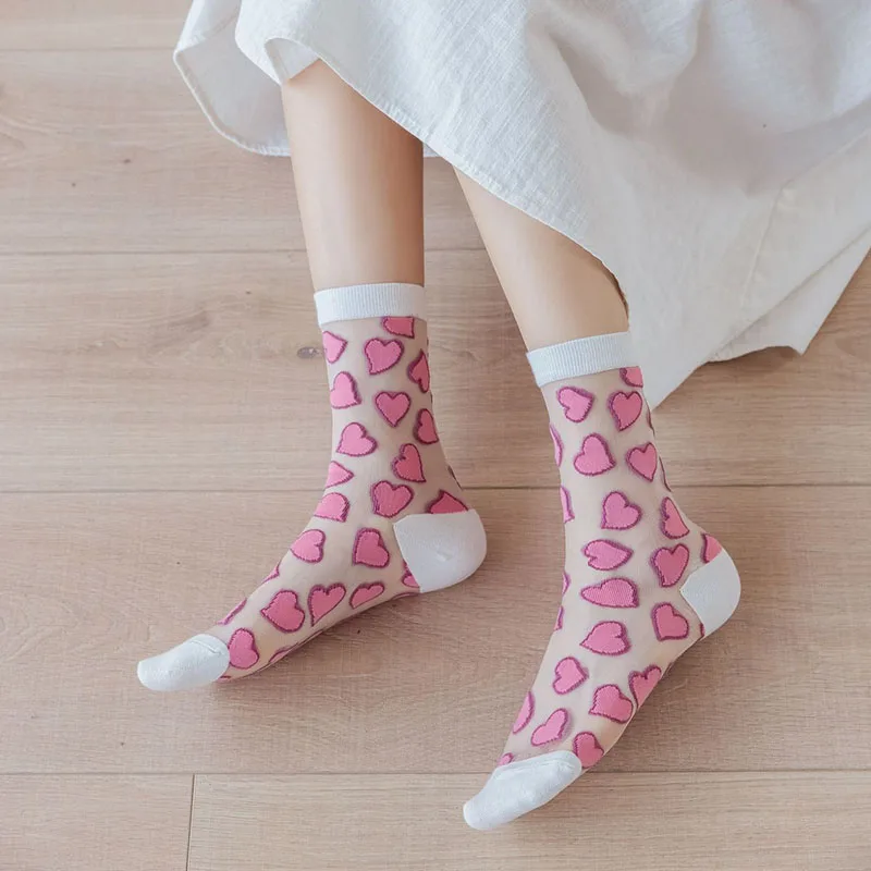 Summer Woman Socks Japanese Style Sweet Crytal Glass Silk Socks Heart Print Ultra-thin Transparent Girls Kawaii Cute Long Socks