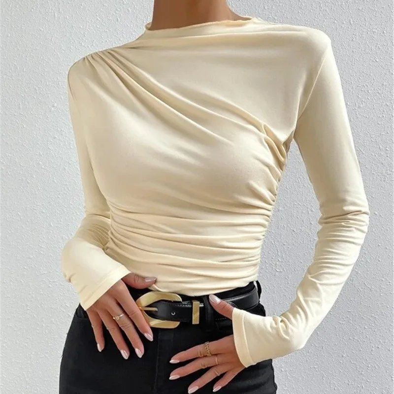 

Women's Sexy Autumn Winter Tops Bottom Shirt Pleated Long Sleeve Pure Color Slim Leisure Comfortable Brand Fashion New Element