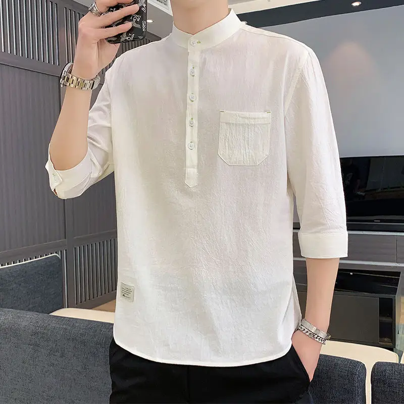 2023 Men's Clothing Spring Summer New Loose Casual Short Sleeve Solid Color Stand Collar Spliced Button Pocket Simplicity Tops