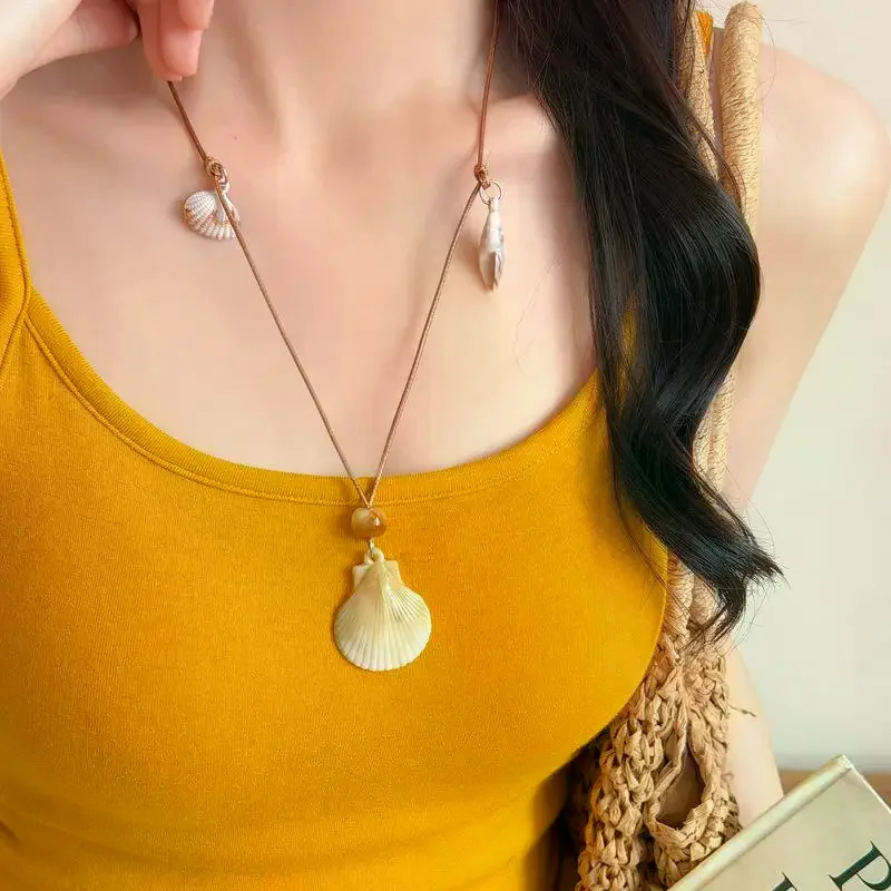 Starfish Shell Beaded Wax Rope Necklace For Women Bohemian Beach Vacation Style Clavicle Chain Fashion Daily Matching Jewelry