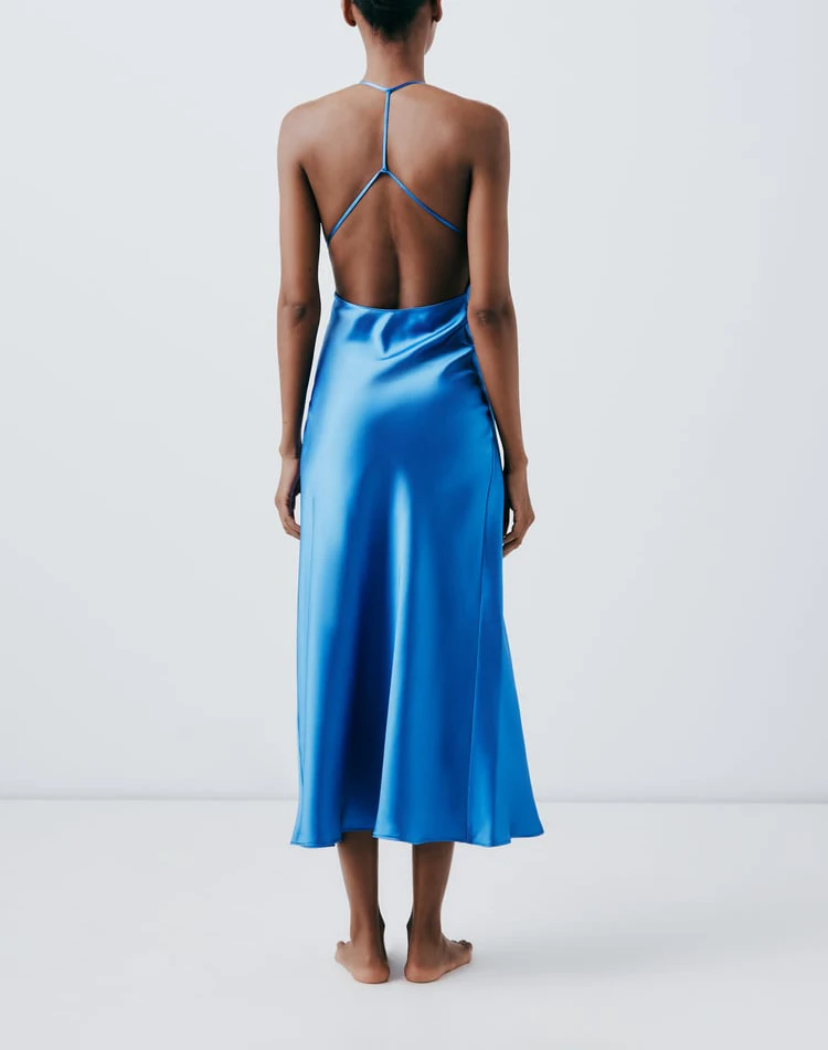 우아하고 섹시한 백 스트랩 새틴 느낌의 드레스, 출퇴근용 하이웨이스트 A라인 롱 스커트, V넥 민소매 폴리에스터 혼방 여름 드레스