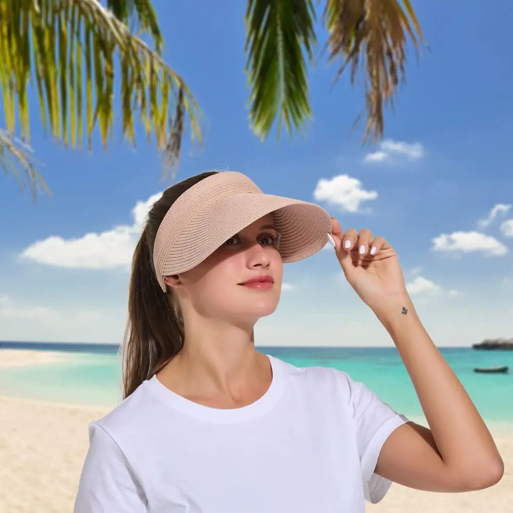 Women Sun Protect Empty Top Straw Hat Summer Adjustable Solid Color Foldable Wide Brim Cap UV Beach Bucket Female Chapeau