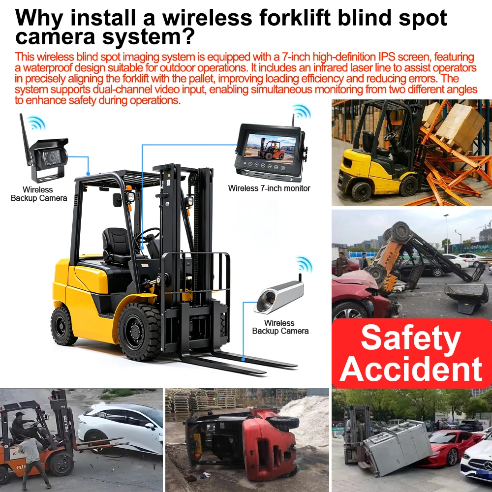 Carsanbo 7 Inch Split Screen Monitor HD 720P Wireless Forklift Front View and Backup Camera System Magnetic Battery Laser Guide
