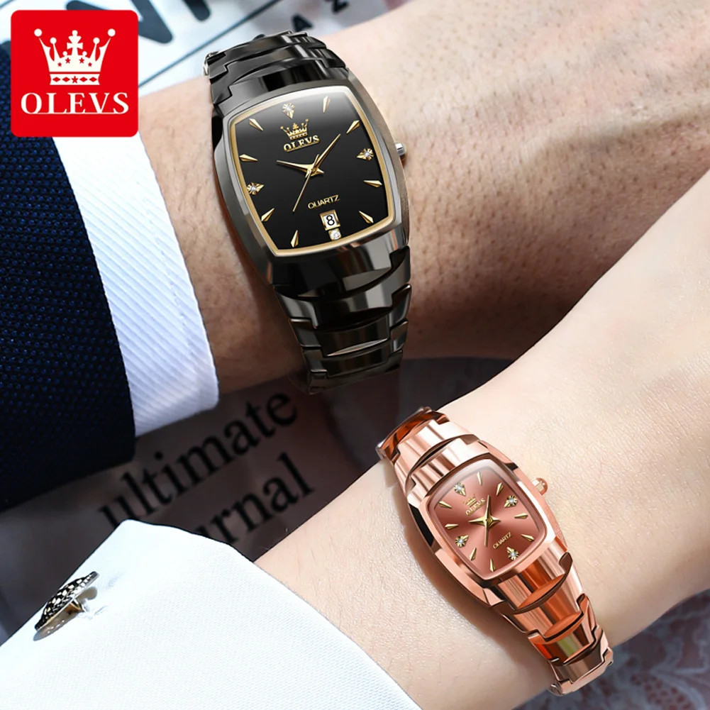 OLEVS-Montre de couple à quartz de luxe pour hommes et femmes, étanche, forme de tonneau, horloge à main, bracelet en acier au tungstène, montres d'affaires, 7006