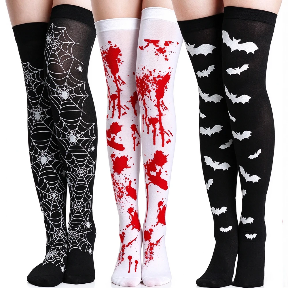 Halloween Blood Thigh High Stockings Spider Web Print Over Knee Bottoming Socks Skull Nurse Stockings Bloody Zombie Cosplay Sock