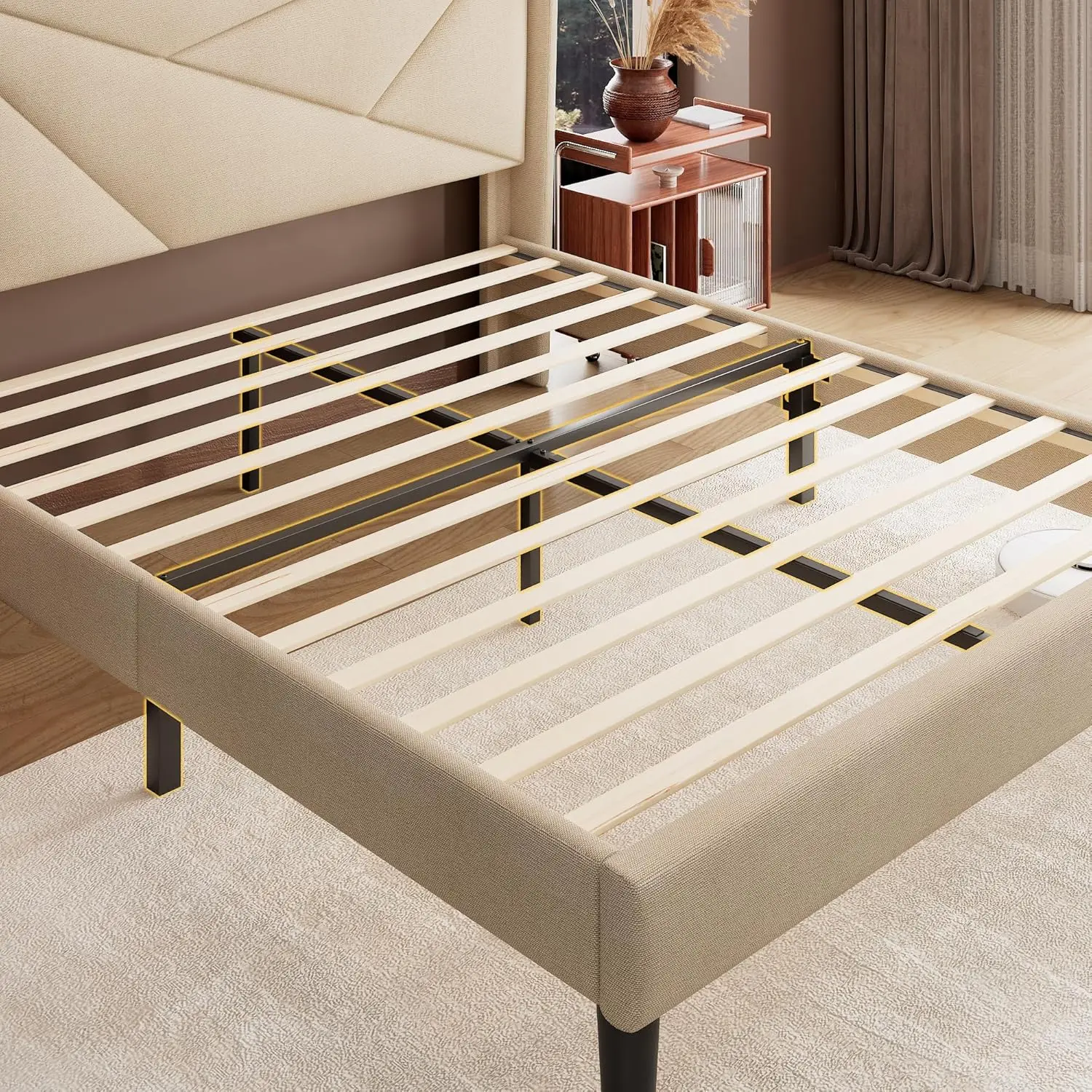 Cama tapizada con plataforma, cabecero de almacenamiento geométrico de lino, soporte de listones de madera maciza, No necesita resorte de caja, color Beige