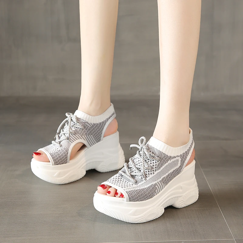 Woman Summer Sneakers Hollow Out Sandals Lace Up Fabric Sandal Outdoor Female Shoes Slope Heel Fish Mouth Women's Shoes Zapatos