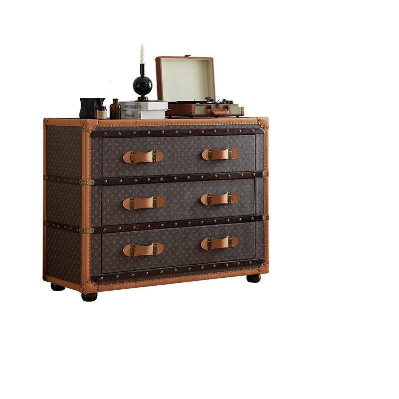 

French retro three-bucket cabinet, dining side cabinet, designer presbyopia leather case, coffee storage, premium side cabinet.