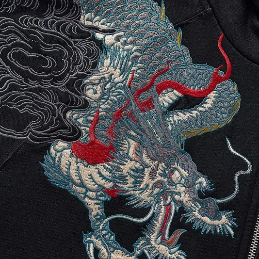 High Quality Chinese Dragon Embroidery Hip Hop Vintage Zip Hoodie Autumn Men Japanese Harajuku Streetwear Sweatshirt