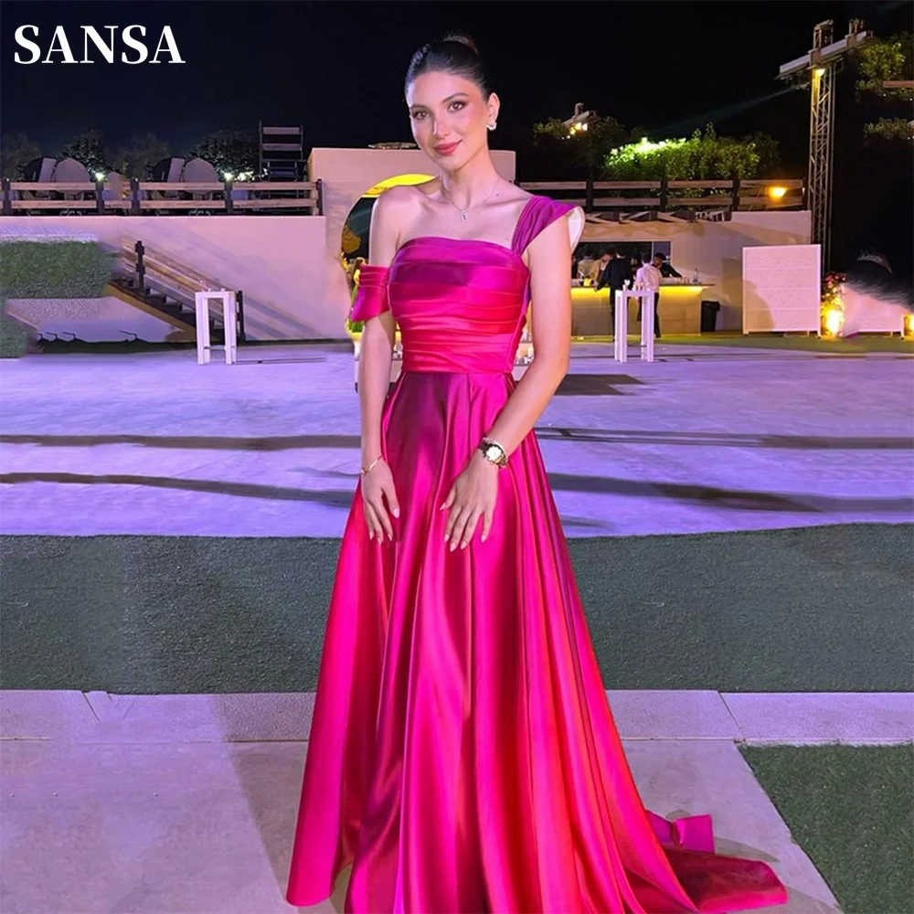 Sansa Elegant สีชมพูร้อน A-Line ที่กําหนดเองชุดราตรีแขนสั้น Vestidos De Noche Glamorous Fuchsia ผ้าไหม FBسات