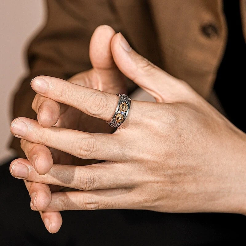 OUYADI S925 Sterling Silver Vajra Pestle Open Ring For Men Women Retro Amulet Protection Ring Fashion High‑End Jewelry Gift
