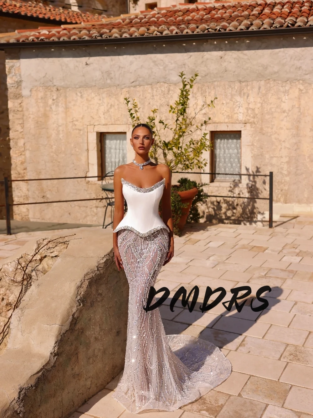 

DMDRS Newest Mermaid Dazzling Wedding Dress Dramatic Corset Illusion Bride Wear Customized Beading Sleeveless Bridal Gown