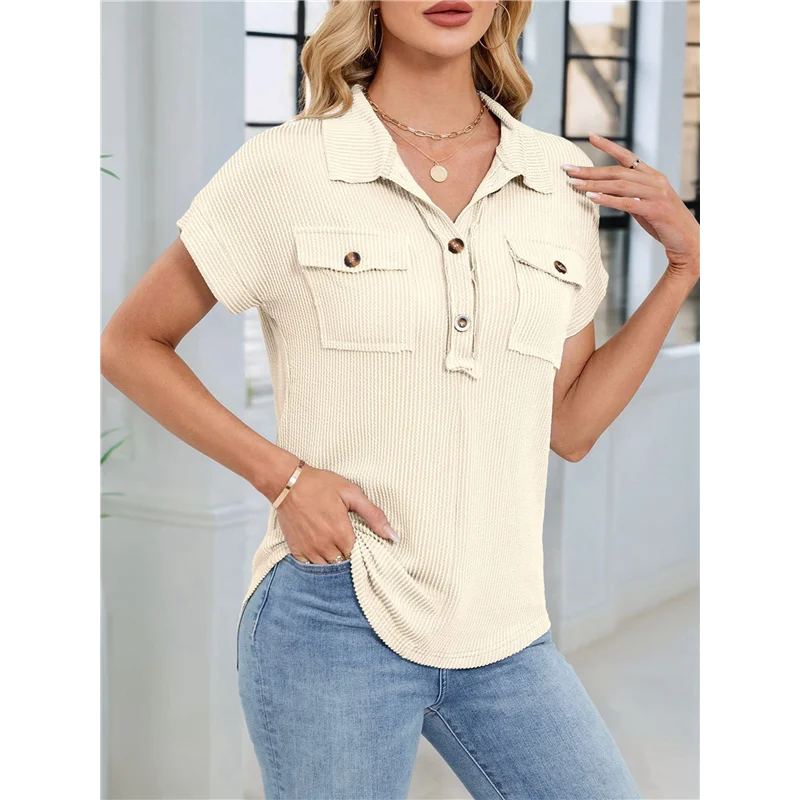

ABP-Women's Casual Button Down Shirts Short Sleeve Lapel V Neck Knitted Tops Beach Vacation Clothes With Pockets