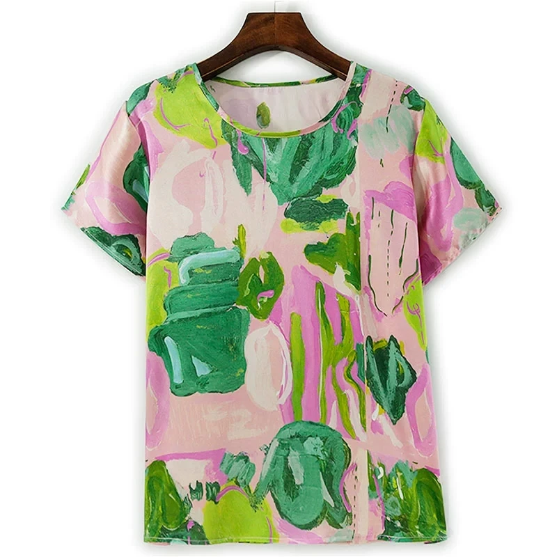 BirdTree-Silk Elegant T-Shirt, O Neck Short Sleeve Graffiti Printed, Women Breathable Casual Loose Top, 2025 Winter New T5N032CC