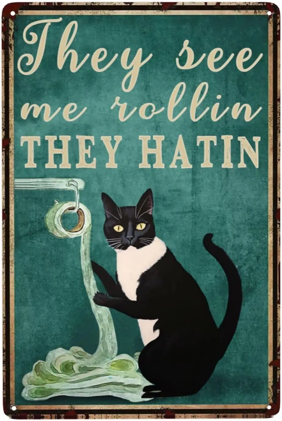 Funny Cat Signs Cat Wall Decor Cat Art Gifts for Cat Lovers, They See Me Rollin They Hatin Signs, Bathroom Signs Decor, Vintage