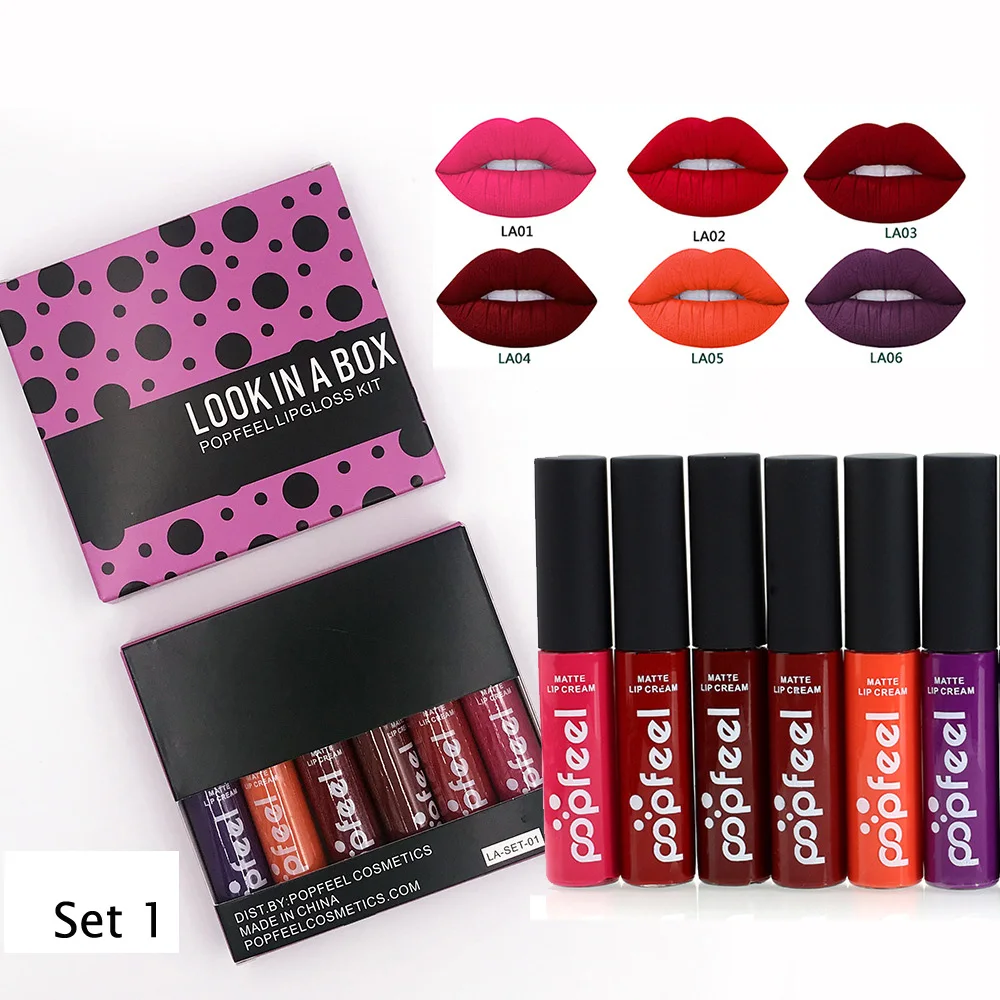 POPFEEL New Mini 6pcs/set Liquid Lipstick set Velvet Matte Lip Gloss Set Waterproof Long Lasting Lips Makeup Cosmetic Kits