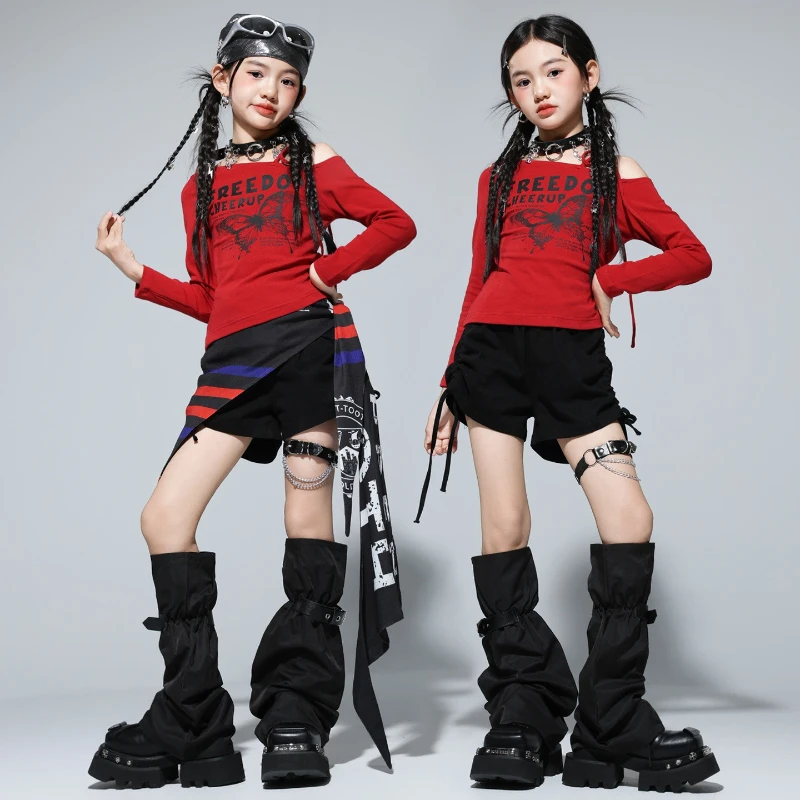 

Hip Hop Girls K-pop Fashion Red Long Sleeve Top Black Shorts Street Dance Outfits Cool Streetwear Group Jazz Stage Clothes Sets