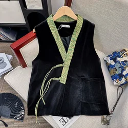 Vintage Chic V-neck Vest Buckle Jacquard Vests Jacket Temperament Celebrity Shoulder Top Elegance Chinese Style Women's Clothing