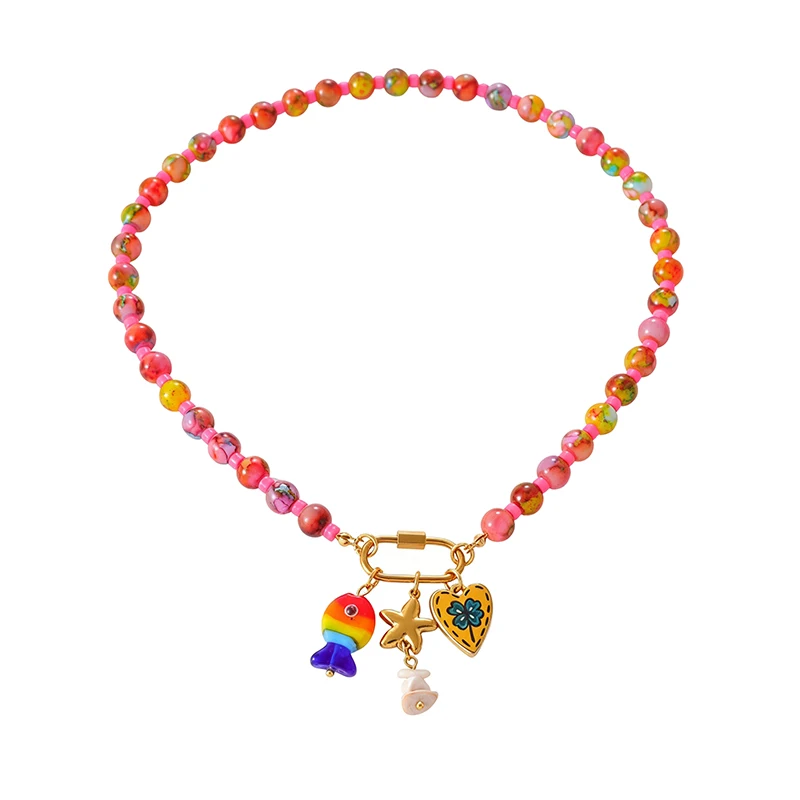 Titanium Steel Necklace with Starfish, Heart, Glass Fish, and Beads; Features Paperclip Chain and Screw Clasp (Color Random) - view 6