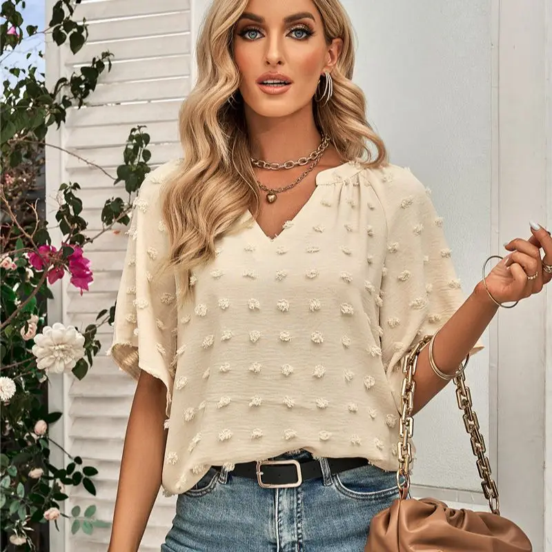 

Wedifor New Fashion Short Sleeve Loose Casual Women Tops Summer V Neck Solid Elegant Blouse Shirts Black Office Ladies Clothes