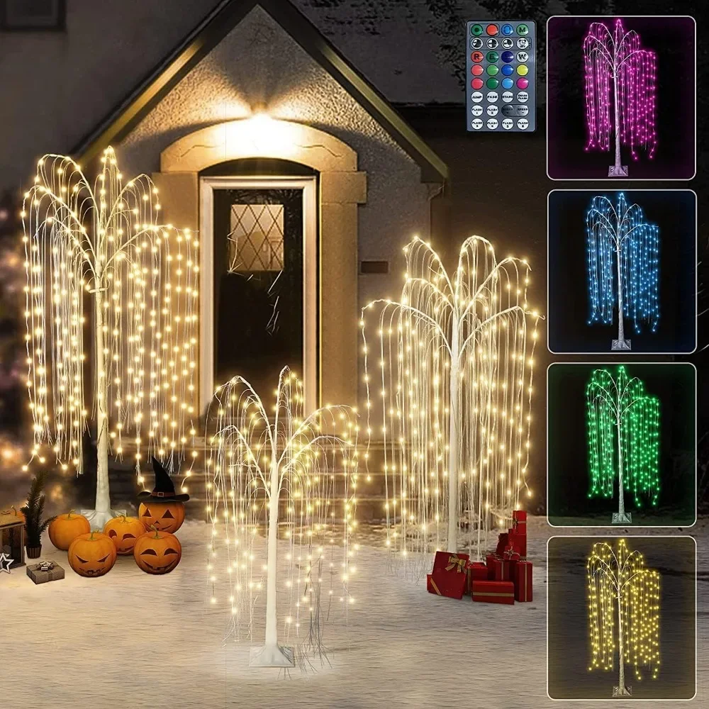 3pcs Halloween Lighted Willow Tree Decorations,4FT+5FT+6FT Colorful Birch Tree RGB LED Tree with Remote