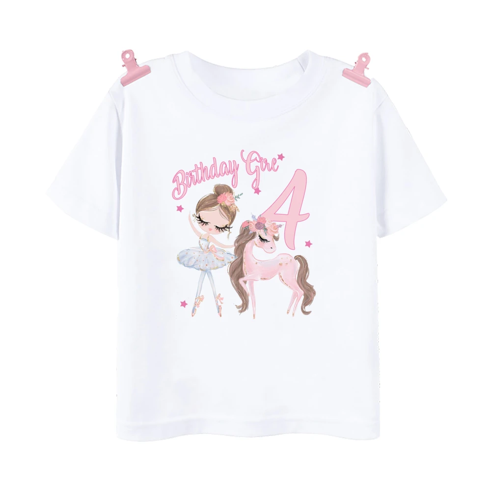 Kids Pink Ballerina Pony Print T-shirt 1-12 Birthday Party Outfit Tops Birthday Girls Short Sleeve T Shirt Clothes Gift for Girl