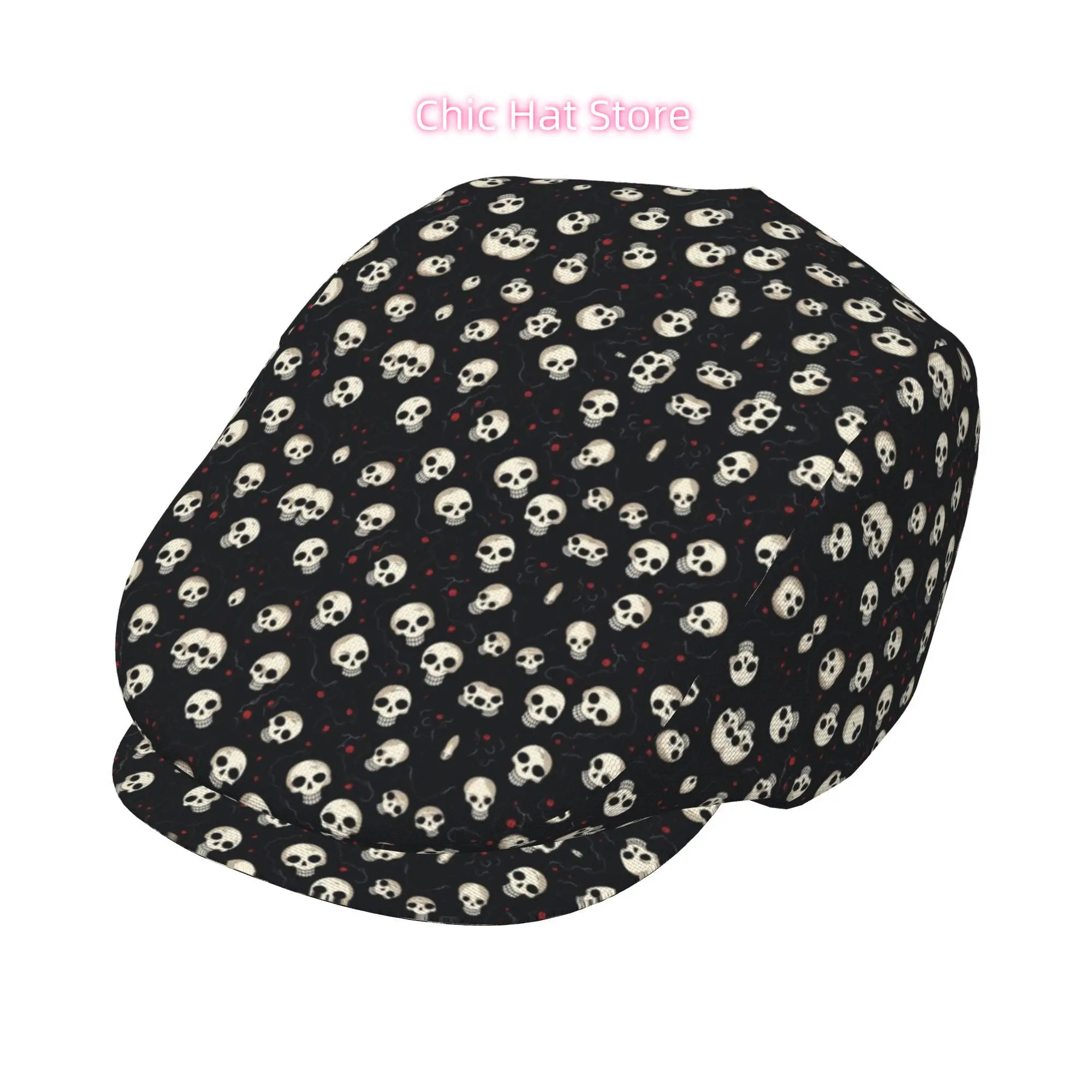 1pc Cartoon Skulls on Black All-over Print Flat-top Hats for Men and Women, Newsboy Caps, Berets, Irish Hats, Driver Caps, Retro