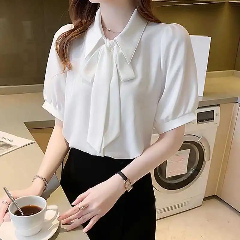 

Summer New Sle Women's irt Knot Bubble Sve ort Sve Chiffon Tie Waist Top Faionable Interview Top