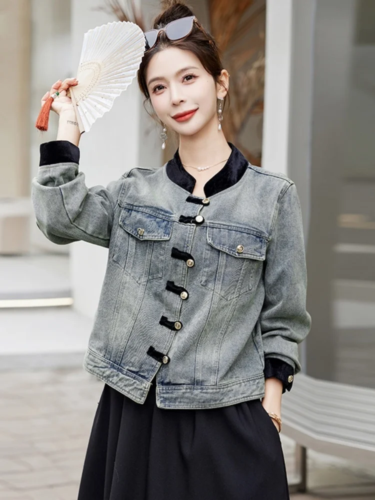 Nieuwe Chinese Sle ort Denim Jaet Dames Gewatteerde oulder Stand Kraag Button up Top Lente 2025 Faion Pendelen Wind