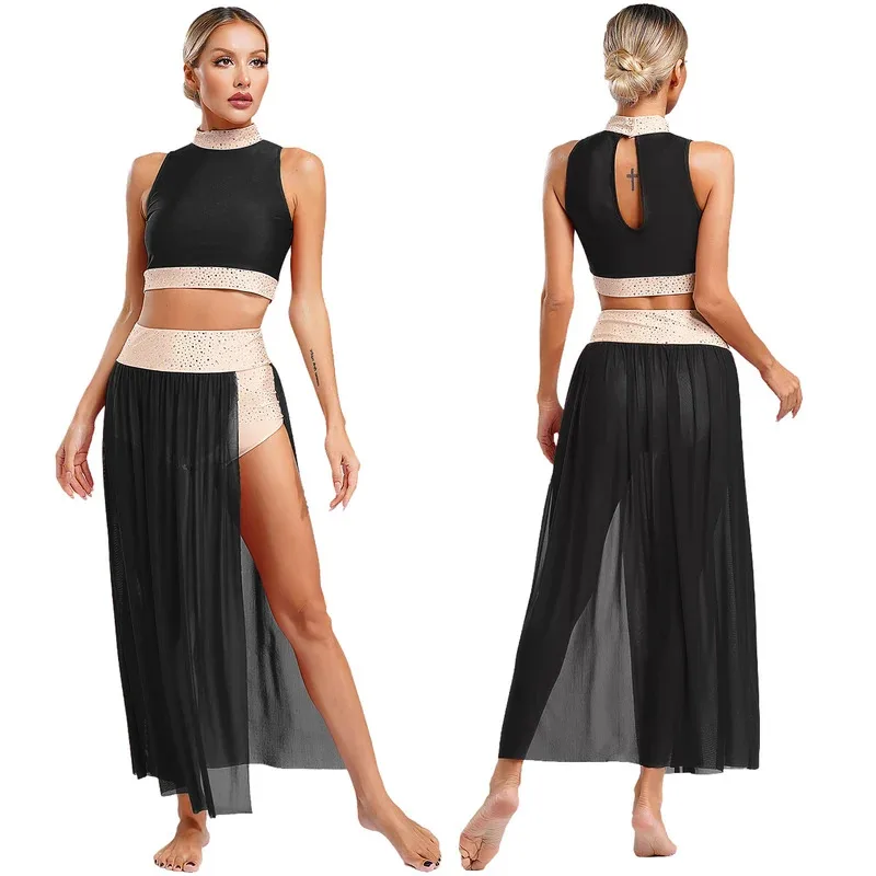 المرأة لامعة الراين الحديثة ملابس رقص غنائية بلا أكمام المحاصيل الأعلى مع شبكة تنورة الفالس قاعة الرقص المنافسة الزي