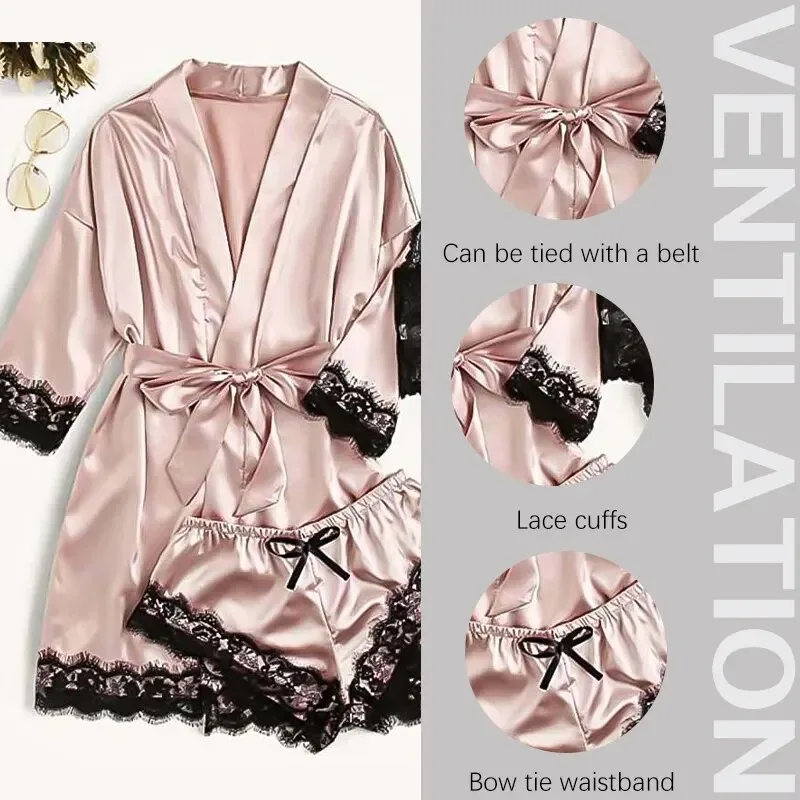 Women\'s Fashion Pajama Print Sexy Lace Trim Faux Silk Satin Pajama Set Gown Skin Friendly Comfort Loungewear Sexy Pajamas