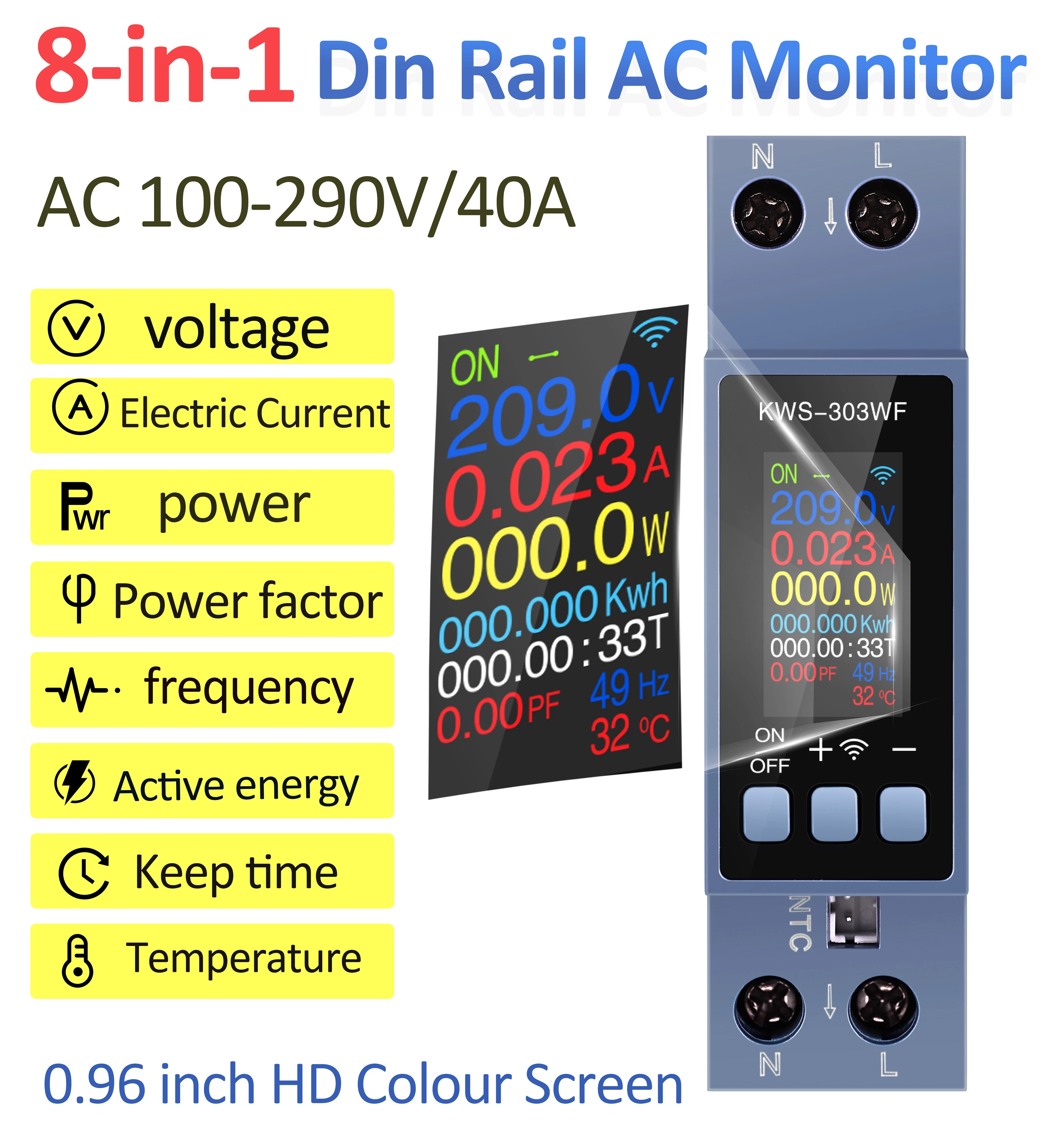 8 IN 1 Single-phase Din Rail AC Monitor AC100-290V/40A Power Energy Meter Voltage Current Power Factor Electric Frequency Meter