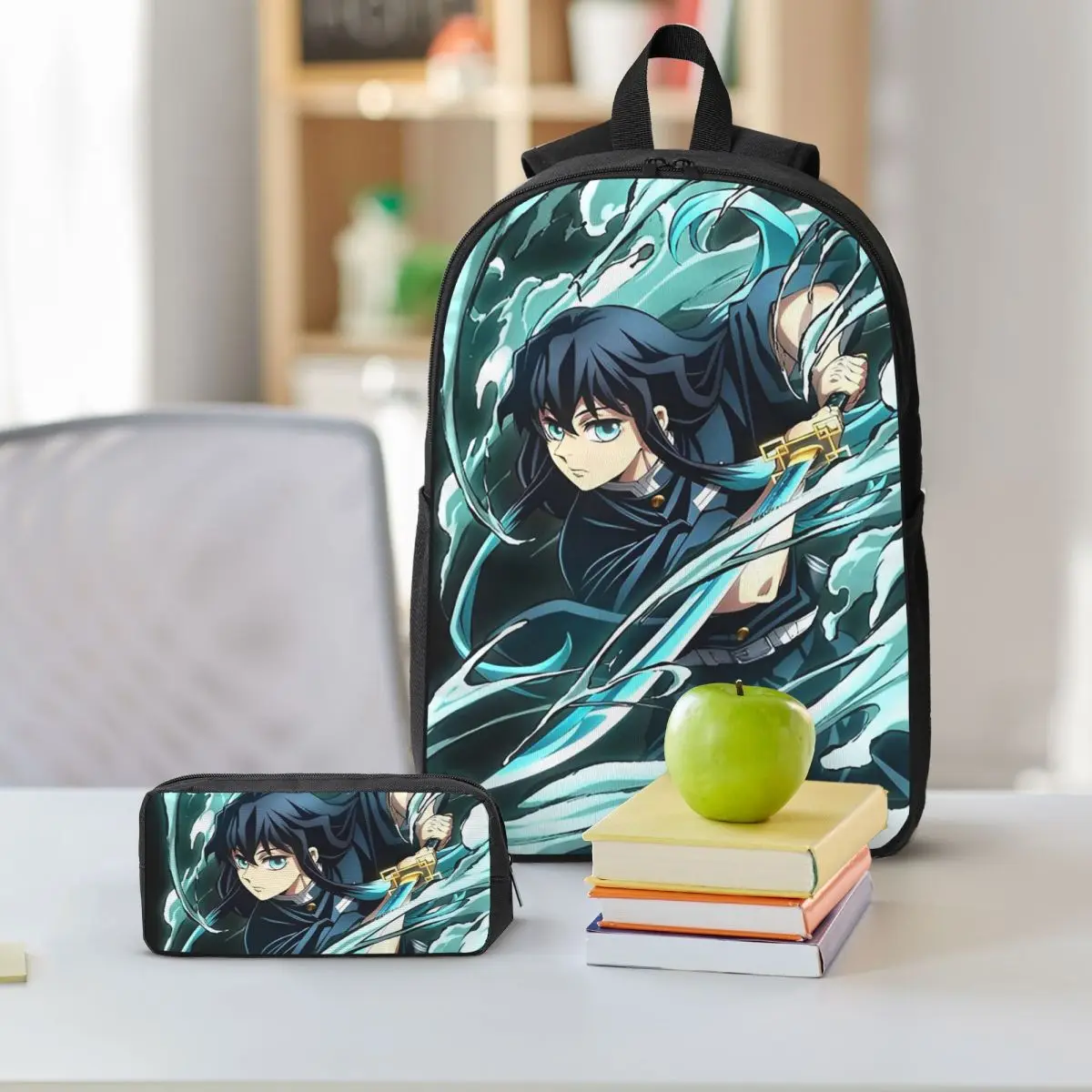 Muichiro Tokito Demon Slayer Kunci Visual Ransel Siswa Laki-laki Perempuan Tas Buku Tas Sekolah 3Ps Tas Makan Siang Terisolasi Kotak Pensil