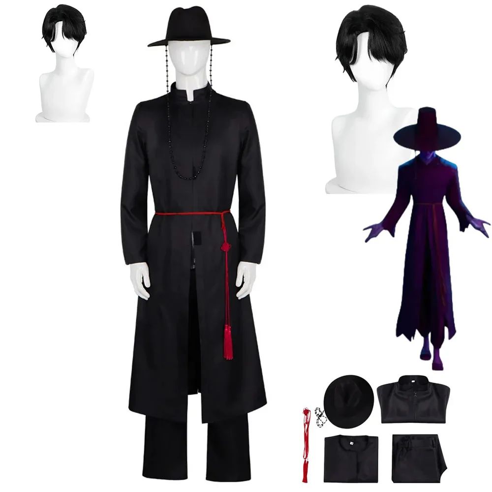 2025 Anime nuevo cazadores Saja niños disfraz Cosplay bata negra abrigo uniforme sombrero peluca adulto hombre carnaval baile enmascarado vestido de fiesta