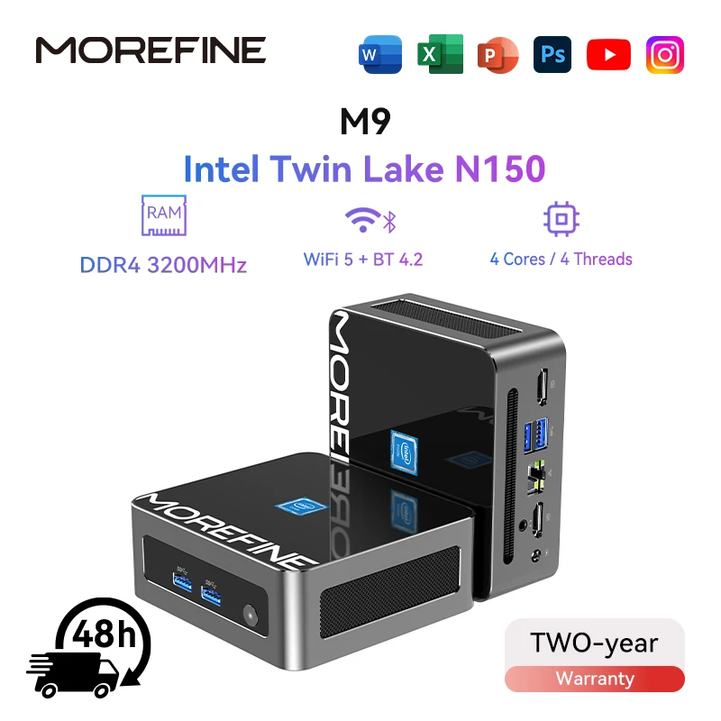 MOREFINE 2025 M9 N150 Mini PC Portable Gaming Desktop Computer Minipc Dual LAN 2.5G/1G WiFi 6 BT5.2 DDR4 NVME SSD Windows 11