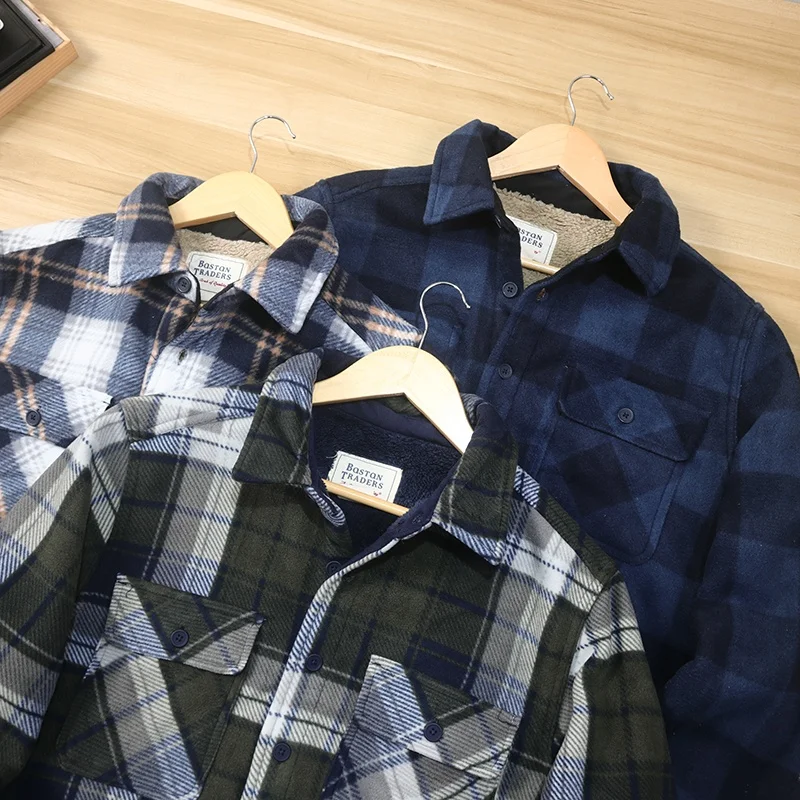 Thickened Lamb Velvet Men's Plaid Long Sleeve Shirt Autumn Winter Warm Outdoor Casual Shirt Coat Polyester Fiber Winter Coat