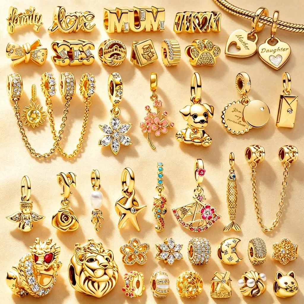 Sparkling Gold Plated Charm For DIY Jewelry Gift Pink Daisy Flower Seahorse Paw Print Bow Beads Fit Original 925 Silver Bracelet