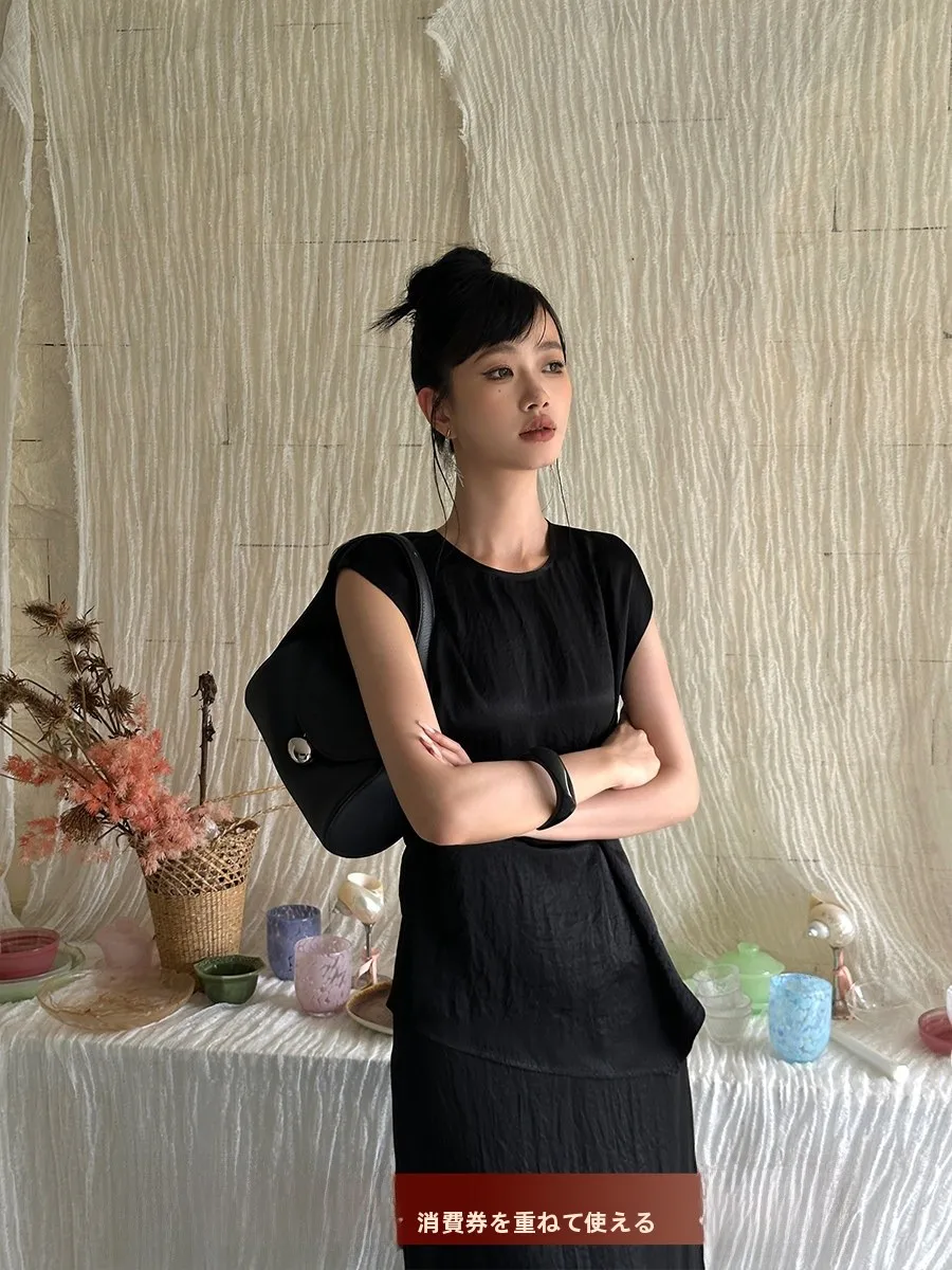 

Venuii Bla round Ne Vest And Long Split Skirt Two Piece Set Women's Faion Summer Acetate Svel Busin Sle